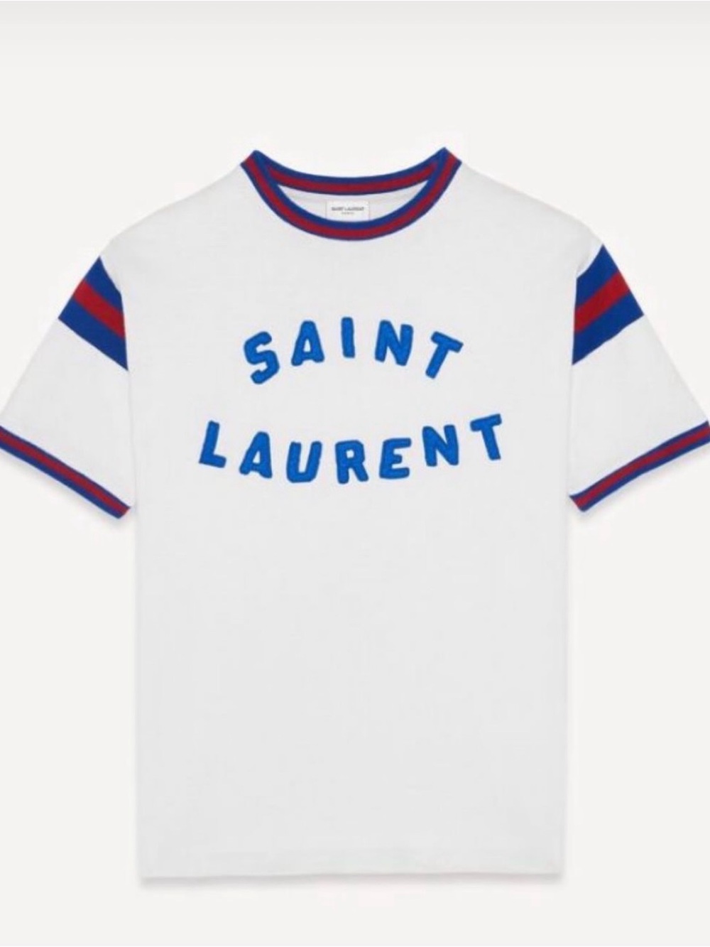 Saint Laurent White Tee with Blue Logo and Red/Blue Trim